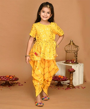 Saka Designs Half Sleeves Kurta & Salwar Set Leaf Print - Yellow Golden