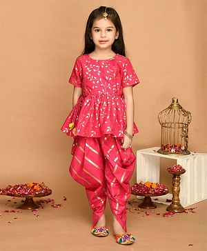 Saka Designs Half Sleeves Kurta & Salwar Set Leaf Print - Pink Golden