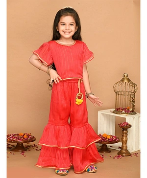 Saka Designs Half sleeves Top & Sharara Set With Jari Embroidery & Lace Border- Red