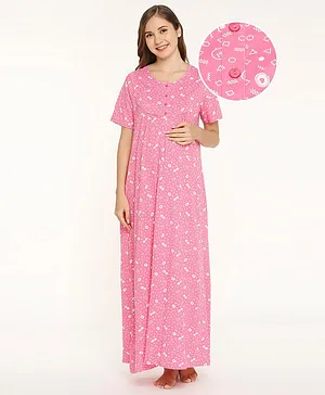 Bella Mama Short Sleeves Maternity Nursing Printed Nighty - Dark Pink