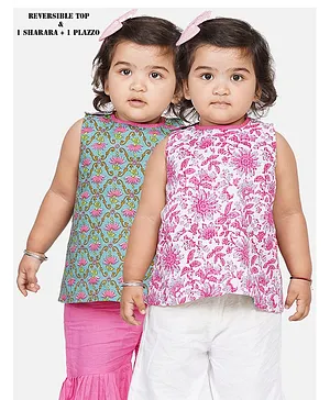 Little Bansi Sleeveless All Over Floral Print Reversible Kurta With Solid Sharara & Palazzo Set - Blue Pink & White