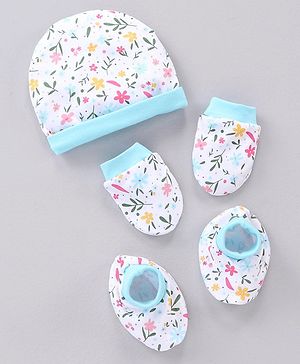 Babyhug 100% Cotton Cap & Mittens With Booties Floral Print Blue - Diameter 11.5 cm