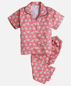 IndiUrbane Half Sleeves Bear Printed Lounge Wear Night Suit - Pink