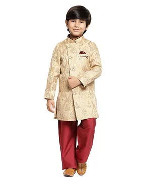 Maxence Designer Full Sleeves Ethnic Motif Printed Sherwani Kurta With Pyjama  - Golden