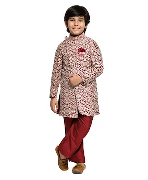 Maxence Designer Full Sleeves Geometric Motif Printed Sherwani Kurta With Pyjama  - Red