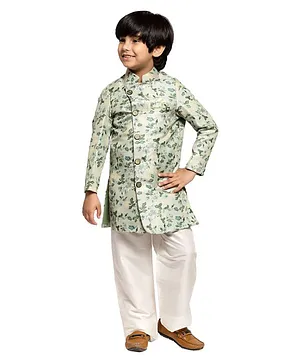 Maxence Full Sleeves All Over Leaf Print Sherwani & Solid Pajama Set - Green