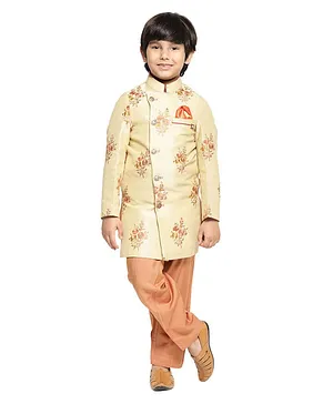 Maxence Full Sleeves Floral Motif Print Sherwani & Solid Pajama Set - Beige
