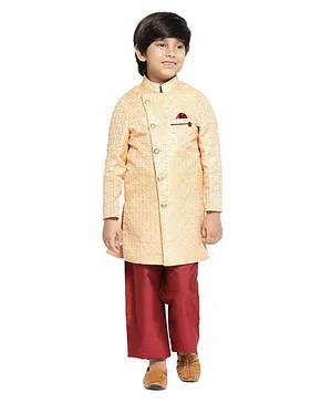 Maxence Full Sleeves All Over Lattice Embroidered Sherwani & Solid Pajama Set - Gold & Maroon