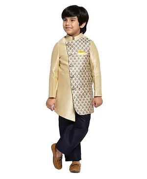Maxence Full Sleeves All Over Floral Print Sherwani & Solid Pajama Set - Gold & Brown