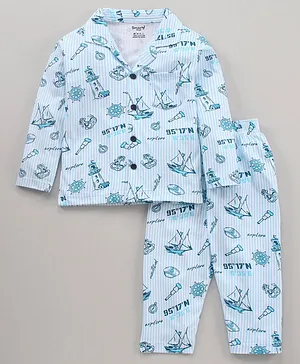 Smarty Cotton Sinker Full Sleeves Night Suit Cars Print with Ship Applique - Light Blue