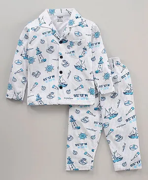 Smarty Cotton Sinker Full Sleeves Night Suit Cars Print with Ship Applique - Light Grey