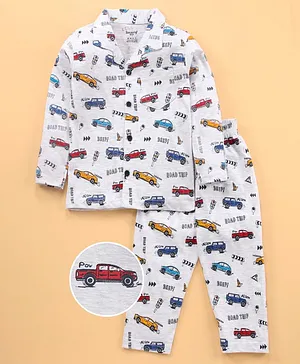 Smarty Cotton Sinker Full Sleeves Night Suit Cars Print with Giraffe Applique - Light Grey