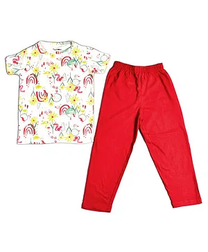 Taatoom Short Sleeves Rainbows & Sunflowers Print Night Suit - Pink & Maroon