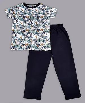 Taatoom Short Sleeves Giraffe & Zebra Print Night Suit - White & Navy Blue