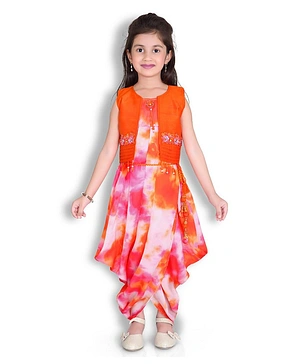 Joy-n-Jolly Sleeveless Tie & Dyed Floral Appliqued & Embellished Dhoti Style Dress With Jacket - Orange