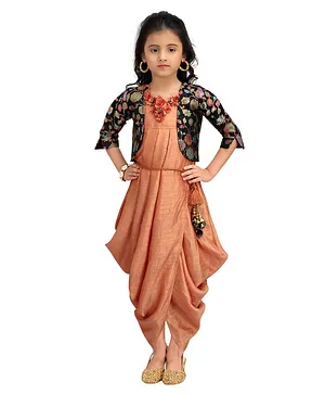 Joy-n-Jolly Three Fourth Sleeves Floral Printed & Appliqued Dhoti Style Dress With Jacket - Rust Brown