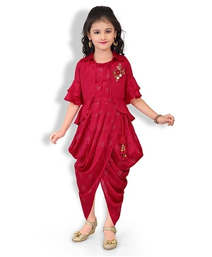 Joy-n-Jolly Three Fourth Sleeves Motif Printed Floral Appliqued & Beads Embellished Dhoti Style Dress With Jacket - Cherry Red