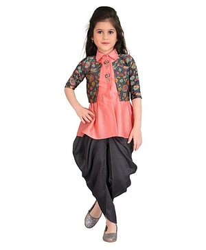 Joy-n-Jolly Three Fourth Sleeves Floral Printed & Embroidered Top & Dhoti Pants With Jacket - Peach