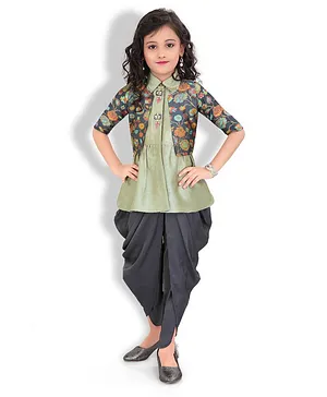 Joy-n-Jolly Three Fourth Sleeves Floral Printed & Embroidered Top & Dhoti Pants With Jacket - Pista Green