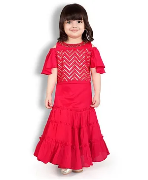 Joy-n-Jolly Cold Shoulder Half Sleeves Sequins Embellished Top & Layered Ruffle Skirt  - Cherry Red