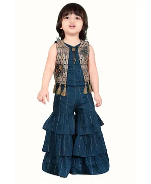 Joy-n-Jolly Sleeveless Pearls Appliqued With Danglers Sequence Embroidered Top & Frills Layered Palazzo With Lace Jacket - Blue
