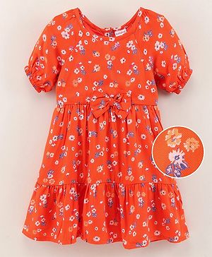 Babyhug Half Sleeves 100% Rayon Twill Frock Floral Print - Orange