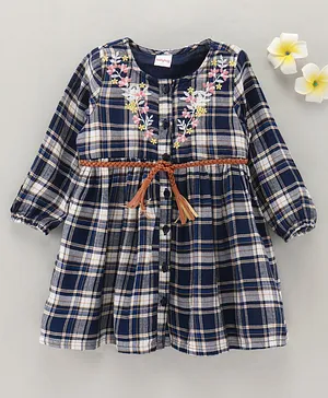 Babyhug Rayon Twill Yarn Dyed Full Sleeves Embroidered Checked Frock With Belt - Navy