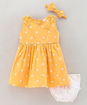 Babyhug Sleeveless 100% Cotton Frock with Bloomer Polka Dot Print - Mustard