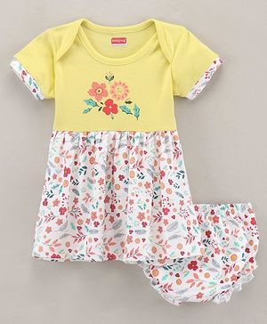Babyhug 100% Cotton Knit Half Sleeves Frock Floral Print With bloomer- Yellow