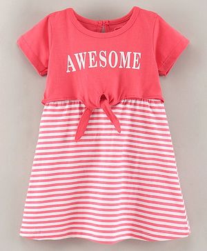 Babyhug Half Sleeves 100% Cotton Frock Awesome Print - Pink