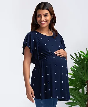 Bella Mama Half Sleeves Viscose Dot Printed Maternity Top - Navy