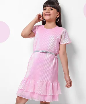 Hola Bonita Holographic Pleated Dress With A Belt- Pink