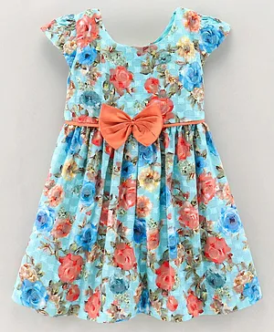 Twetoons Cap Sleeves Frock With Bow Applique Floral Print- Multicolor