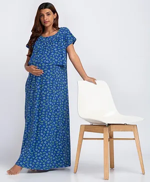 Bella Mama Half Sleeves Maternity Nursing Nighty Floral Print - Blue