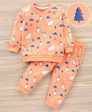 Babyhug Full Sleeves T-Shirt & Joggers Set Polar Bear & Reindeer Print - Orange