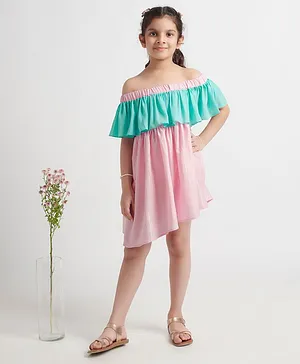 Nino by Vani Mehta Off Shoulder Half Cape Sleeves Glitter Lines Detailing Dress - Cotton Candy Pink & Aqua Blue