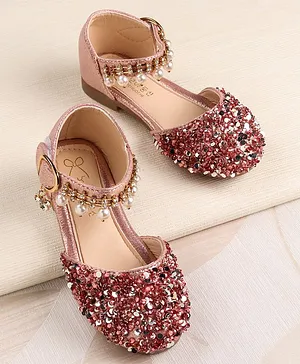 KIDLINGSS Studded Stone Pearls Sequins & Beads Embellished Ankle Strap Sandals - Pink