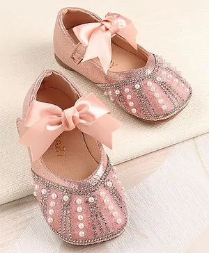 KIDLINGSS Pearl & Stones Embellished Bow Design Shimmery Effect Party Wear Mary Jane Bellies - Pink