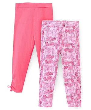 Pine Kids Ankle Length Biowashed Cotton Stretchable Leggings Solid & Leaf Print Pack Of 2 - Pink