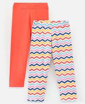 Pine Kids Knit Three Fourth Leggings Biowash With Striped Print and Solid Pack of 2 - Coral & White