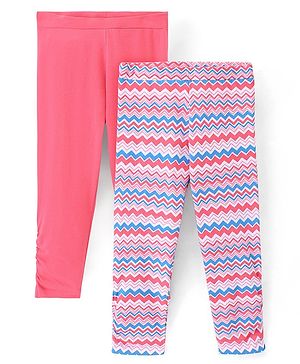 Pine Kids Ankle Length Biowashed Cotton Stretchable Leggings Solid & Striped Pack Of 2 - Pink