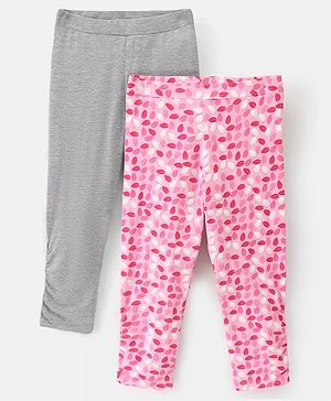 Pine Kids Ankle Length Biowashed Cotton Stretchable Leggings Solid & Leaf Print Pack Of 2 - Pink Grey