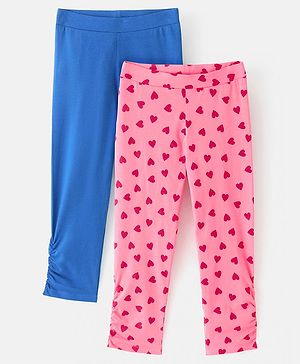 Pine Kids Three Fourth Length Biowashed Cotton Stretchable Leggings Solid & Heart Print Pack Of 2 - Pink Blue