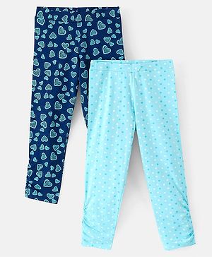 Pine Kids Knit Three Fourth Biowashed Stretchable Leggings Polka Dot & Heart Print Pack of 2- Blue