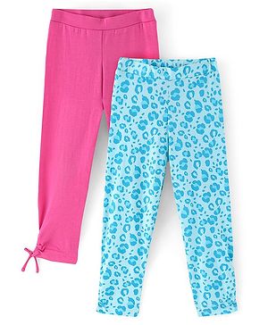 Pine Kids Knit Three Fourth Biowashed Leggings All Over Print And Solid Pack of 2 - Blue Pink