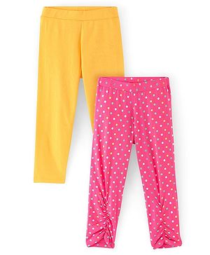 Pine Kids Knit Three Fourth Biowashed Leggings Polka Dot Print And Solid Pack of 2 - Pink Yellow