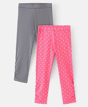 Pine Kids Knit Three Fourth Biowashed Leggings Polka Dot Print And Solid Pack of 2 - Grey Pink