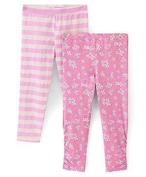 Pine Kids Three Fourth Length Biowashed Cotton Stretchable Leggings Striped & Floral Print Pack Of 2 - Pink