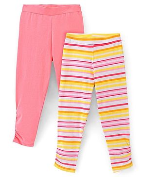 Pine Kids Three Fourth Biowashed Cotton Stretchable Leggings Solid & Striped Print - Rose White