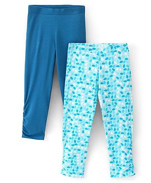 Pine Kids Three Fourth Length Biowashed Cotton Stretchable Leggings Solid & Leaf Print Pack Of 2 - Blue